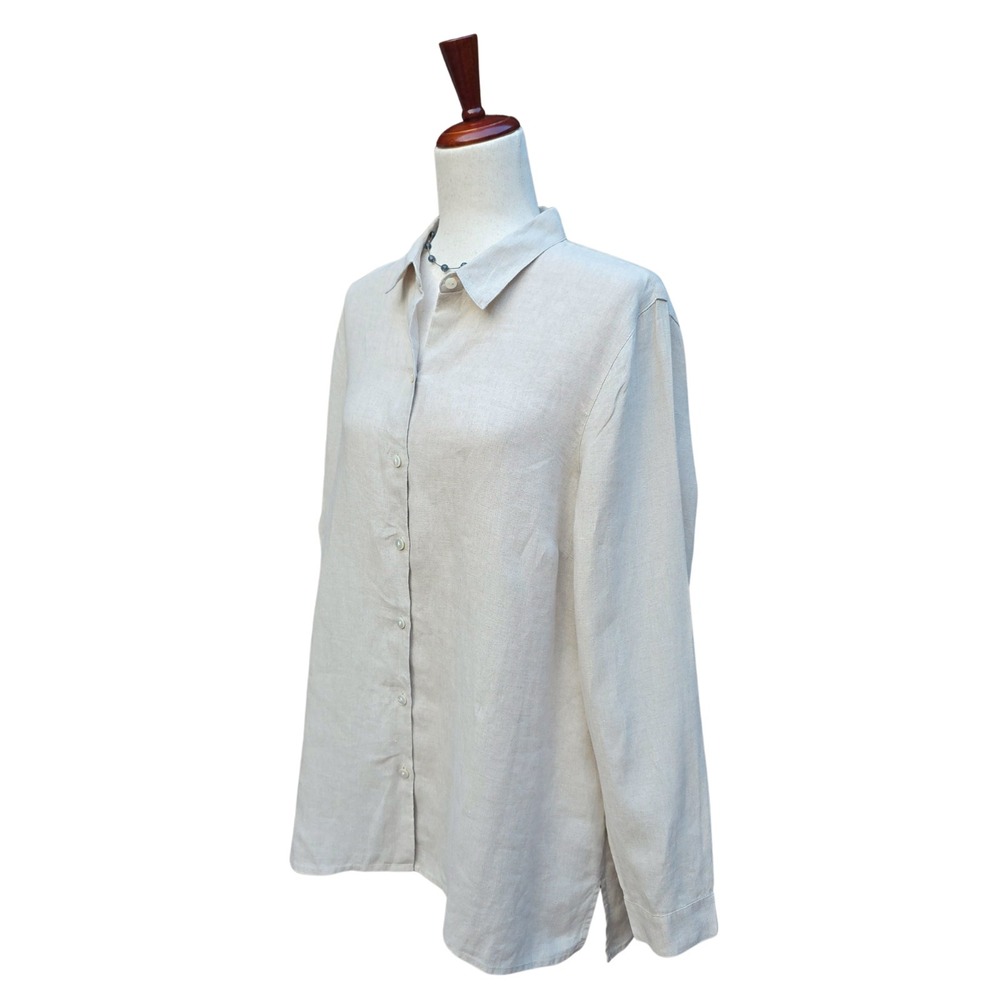 J. Jill Love Linen Button Down L Beige Coastal Minimalist Oversize Long Sleeve - Picture 13 of 13